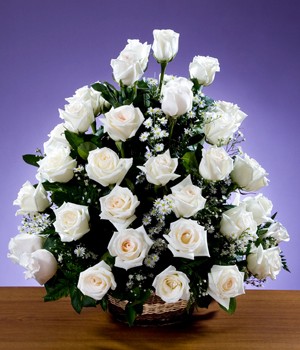 arreglo funebre tres docenas de rosas blancas en canasta
